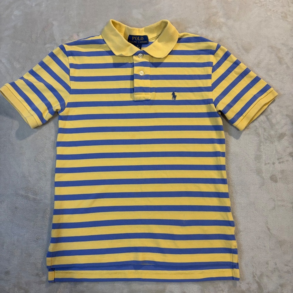 Polo Ralph Lauren Kids Yellow Blue Striped Short Sleeve Pony Polo Shirt M 10-12